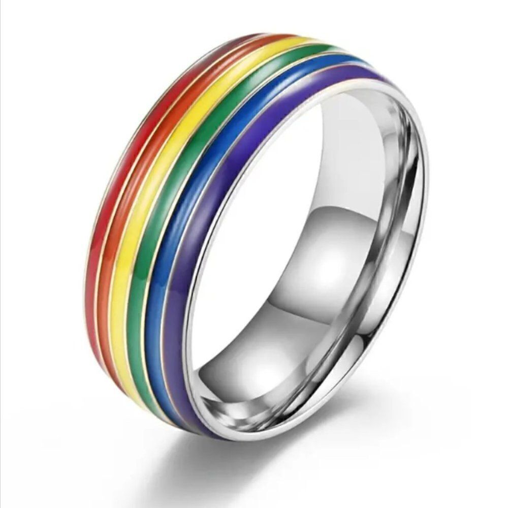 Unisex Rainbow Pride Ring Silver Tone Sizes 7 8 9 and 10
